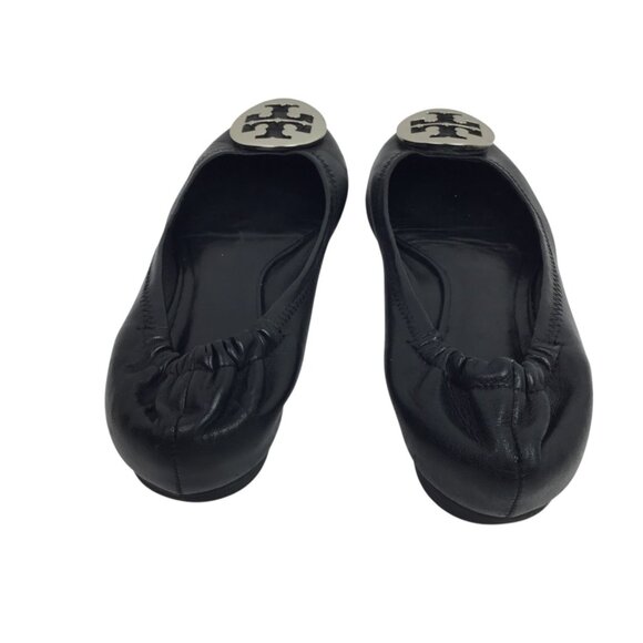 Tory Burch Black Leather Minnie Travel Ballet Flats W/ Silver Logo Womens 7 - Picture 4 of 11